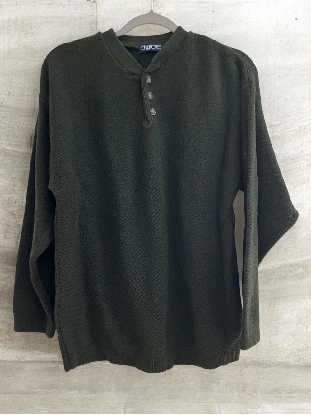 Vintage Cherokee Men’s Medium Green Henley Knit Sweater Made in USA Cotton Blend